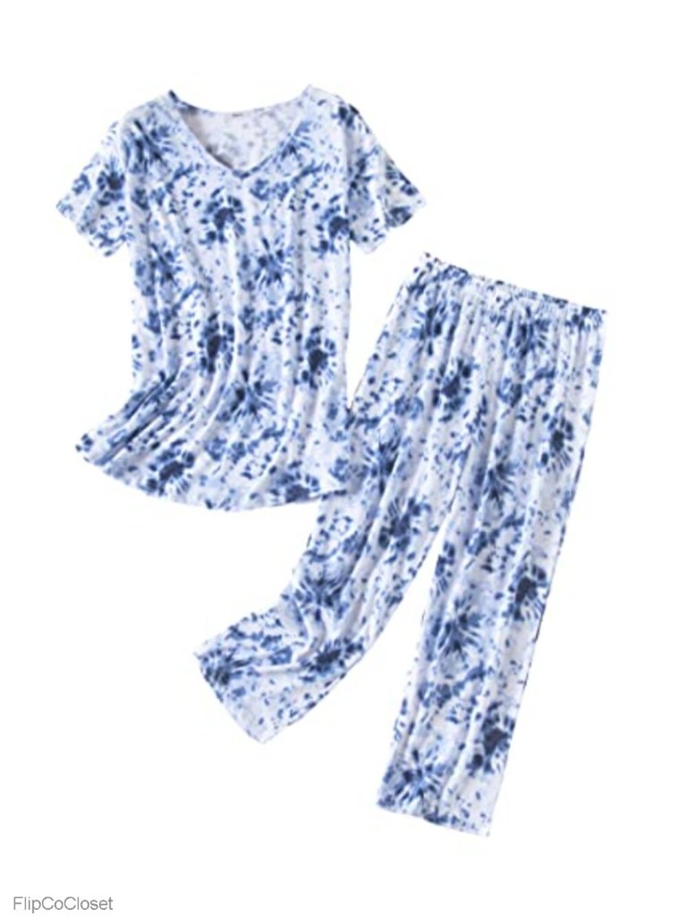 Womens Pajama Set 2 Piece Capri Pants Short Sleeve Cotton Blend Sleepwear